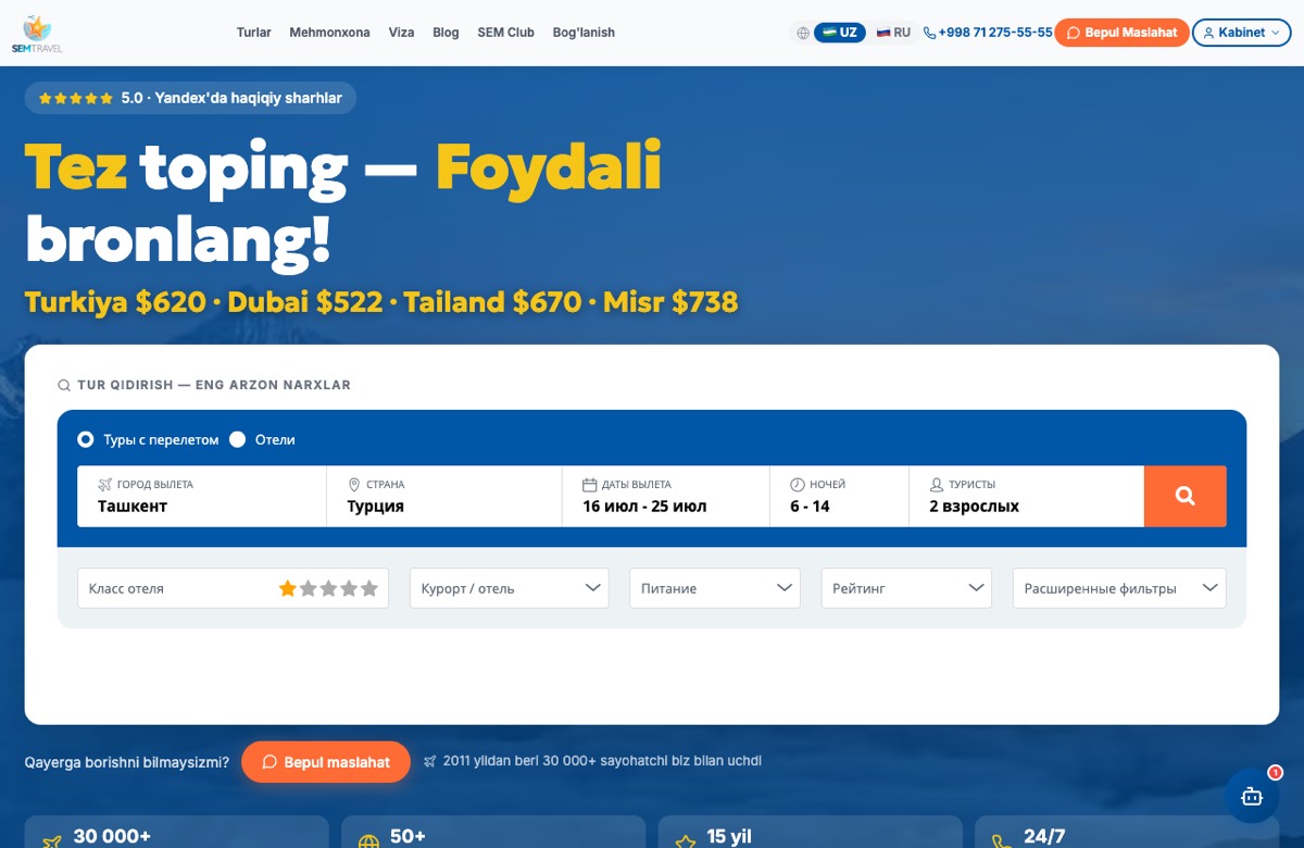 SemTravel — sayohat va tur paketlari sayti